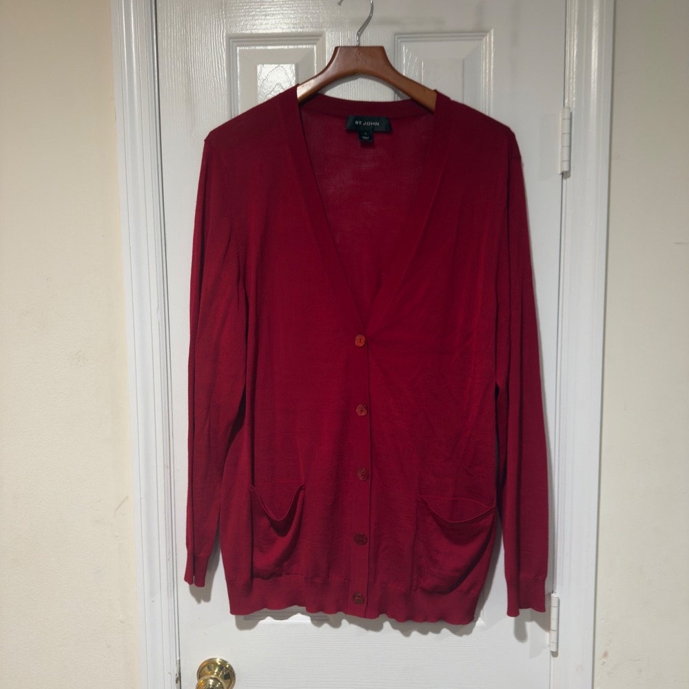 St. John XL Red Wool Rayon Long Cardigan Sweater Button Front Pockets